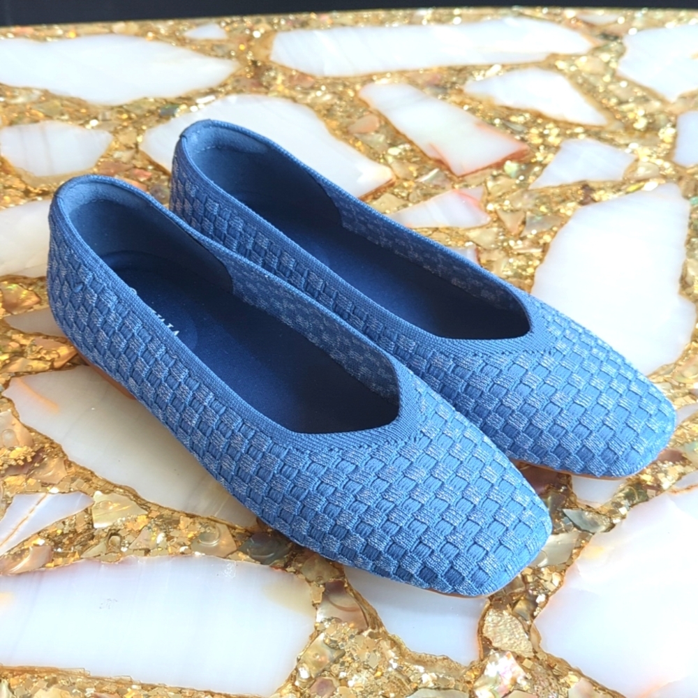 NEW Vivaia Square-Toe V-Cut Flats (Margot 2.0) in Denim Woven Blue
